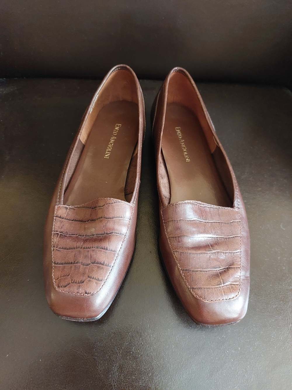 Vintage Enzo Angiolini Brown Croc-Embossed Leather Loafers Size 7.5 M